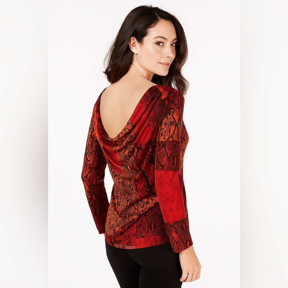 Michael Kors Sz M‎ Red Orange Black Patchwork Snake Print Long Sleeve Blouse Top